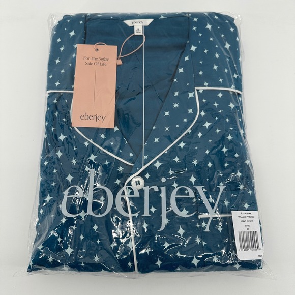 Eberjey Gisele Printed Modal Long PJ Set Festive Lights Sapphire/Ivory Size M - Picture 2 of 6